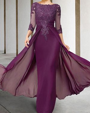Mother Dress Bateau Navy Neck 3/4 Length Sleeves Sheath Beaded Floor-Length Guest Dresses For Wedding