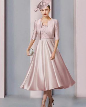 Mother Dress Jewel Neck Half Sleeves A-Line Lace Tea-Length Wedding Guest Dresses