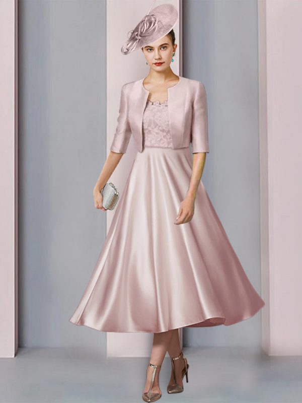 Mother Dress Jewel Neck Half Sleeves A-Line Lace Tea-Length Wedding Guest Dresses