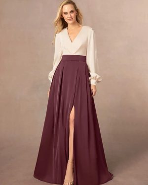 Mother Dress V-Neck Long Sleeves A-Line Split Front Wedding Guest Dresses