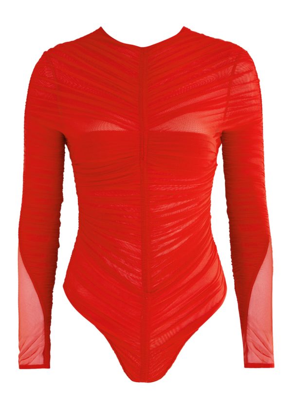 Mugler Ruched Mesh Bodysuit - Red - 42 (UK14 / L)