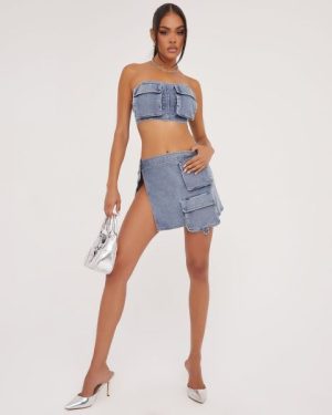 Multi Pocket Detail Cargo Wrap Mini Skirt In Blue Denim, Women's Size UK 6