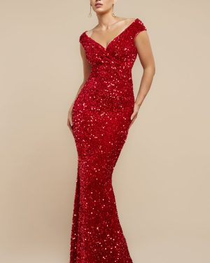 Multi Sequin & Velvet Bardot Maxi Dress - Red by Goddiva