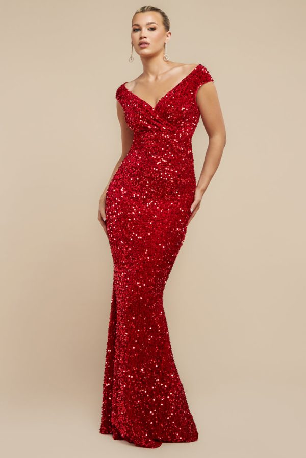 Multi Sequin & Velvet Bardot Maxi Dress - Red by Goddiva