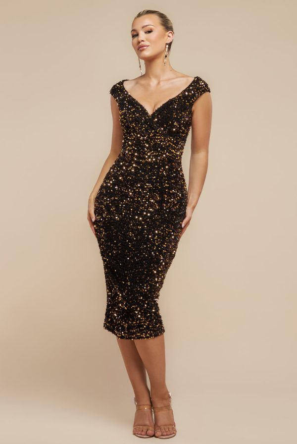 Multi Sequin & Velvet Bardot Midi Dress - Gold by Goddiva