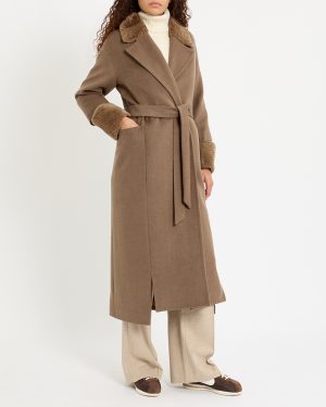 Mushroom Shearling Trim Wrap Coat