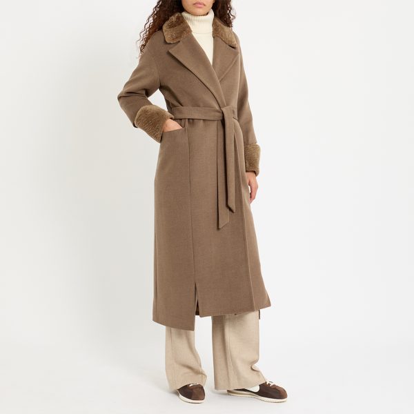 Mushroom Shearling Trim Wrap Coat