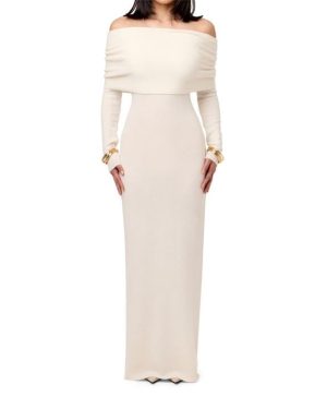 NAKED WARDROBE Boucle Knit Off-Shoulder Maxi Dress - White