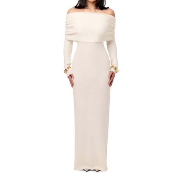 NAKED WARDROBE Boucle Knit Off-Shoulder Maxi Dress - White