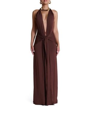 NAKED WARDROBE Smooth Halter Plunge Drape Tie Dress - Brown