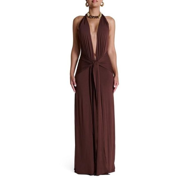 NAKED WARDROBE Smooth Halter Plunge Drape Tie Dress - Brown