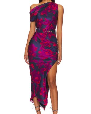 NICHOLAS Calantha Off Shoulder Midi Dress in Navy. Size 2, 4.