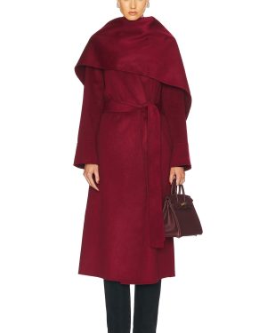 NICHOLAS Candice Scarf Double Wool Long Coat in Dark Plum - Burgundy. Size M (also in ).