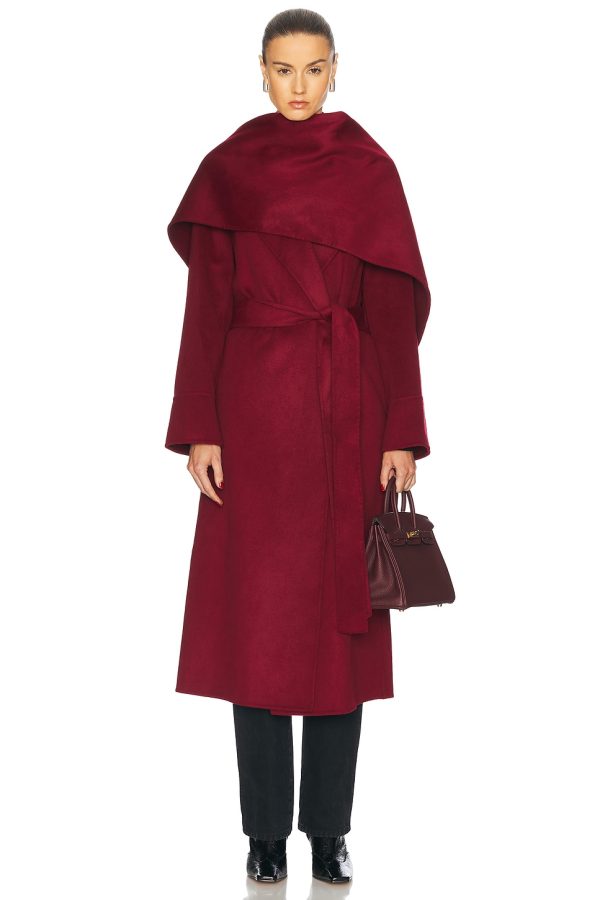 NICHOLAS Candice Scarf Double Wool Long Coat in Dark Plum - Burgundy. Size M (also in ).