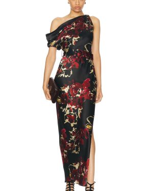 NICHOLAS Halle Off Shoulder Midi Dress in Watercolor Floral Black - Black. Size 0 (also in 2).