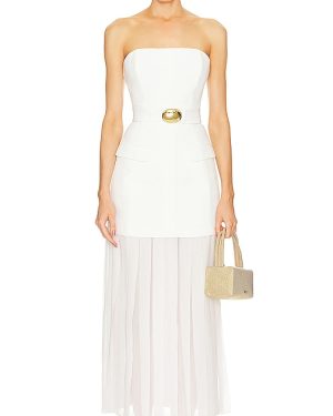 NICHOLAS Reagan Strapless Mini Dress With Pleated Skirt in Cream. Size 2, 4, 6.