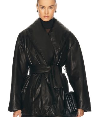 NOUR HAMMOUR Cora Leather Puffer Jacket in Black - Black. Size 38 (also in ).