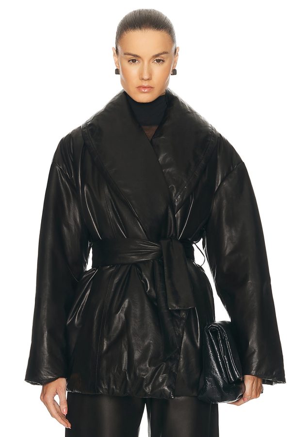 NOUR HAMMOUR Cora Leather Puffer Jacket in Black - Black. Size 38 (also in ).