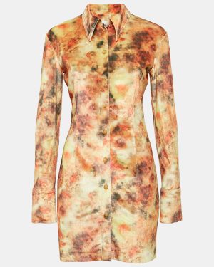 Nanushka Orange Hazy Floral Print Velvet Jersey Romee Mini Shirt Dress M