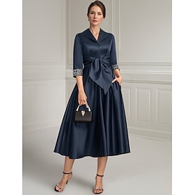 Navy Blue A-Line Dress Mother of the Bride Dress Elegant Satin Simple Shirt Collar Tea Length 3/4 Length Sleeve with Sash / Ribbon Beading Solid Color 2025