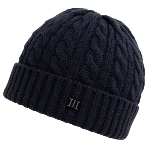 Navy Blue Cable Knit Beanie Hat with Metal Tresanti Logo