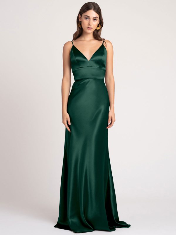 Navy Blue Evening Dress A-Line V-Neck Floor-Length Sleeveless Backless Matte Satin Formal Party Bridesmaid Dresses