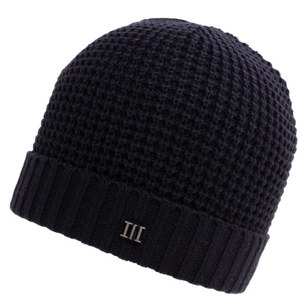 Navy Blue Rib Patterned Knitted Beanie Hat with Metal Tresanti Logo