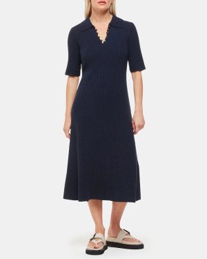 Navy Petite Knitted Ribbed Midi Dress