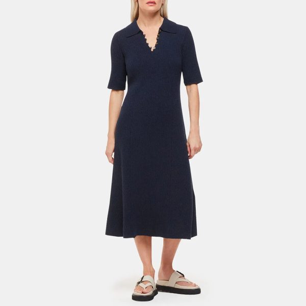 Navy Petite Knitted Ribbed Midi Dress