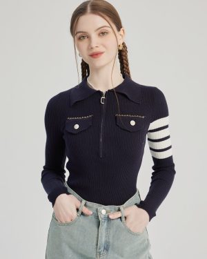 Navy Polo Knit Shirt Striped Long Sleeve Spring Top For Women 2025