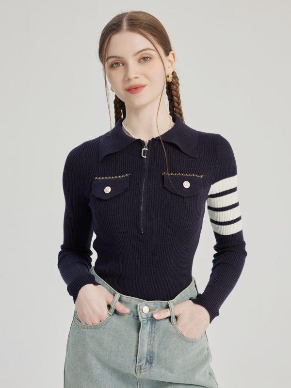 Navy Polo Knit Shirt Striped Long Sleeve Spring Top For Women 2025