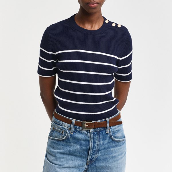 Navy Ribbed Breton Knit Top