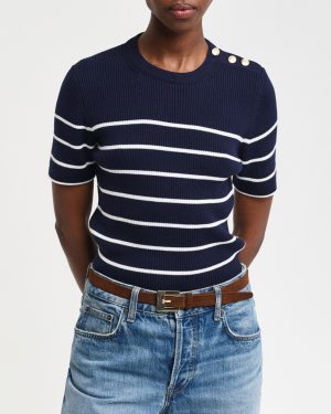 Navy Ribbed Breton Knit Top