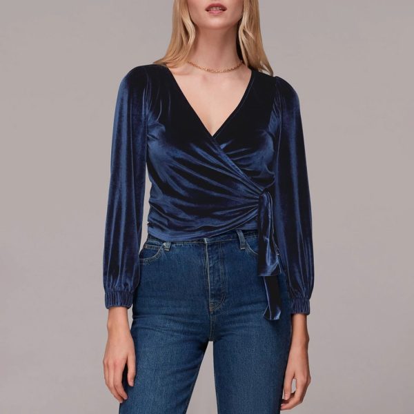 Navy Velvet V Neck Wrap Top