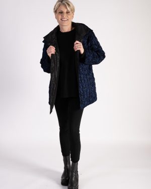 Navy/Black Paisley Flocked Quilted Reversible Zip Short Coat