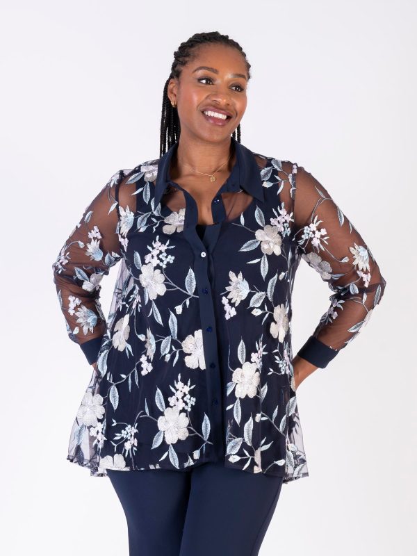 Navy/Multi Floral Embroidered Mesh Shirt with Chiffon Trim