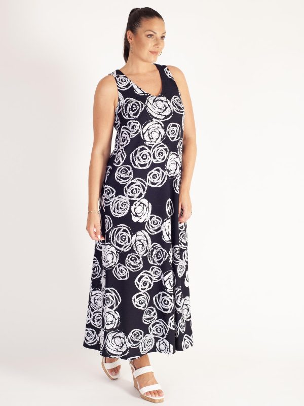 Navy/White Rose Print Sleeveless Maxi Dress