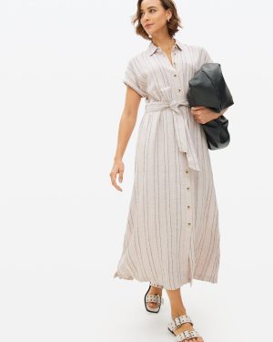 Neutral Stripe Linen Blend Shirt Dress