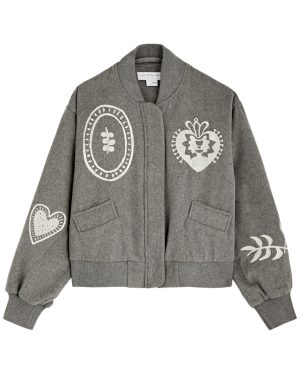 Never Fully Dressed Midnight Romance Embroidered Brushed-knit Bomber Jacket - Grey - S (UK8-10 / S)