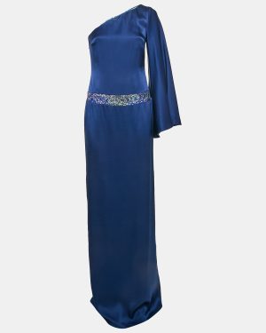 Nicole Miller Blue Sequin Embellished Satin Silk One Shoulder Cocktail Dress M