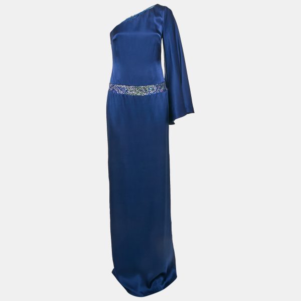 Nicole Miller Blue Sequin Embellished Satin Silk One Shoulder Cocktail Dress M