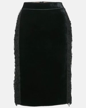 Nº21 Black Silk and Velvet Ruffled Pencil Skirt M