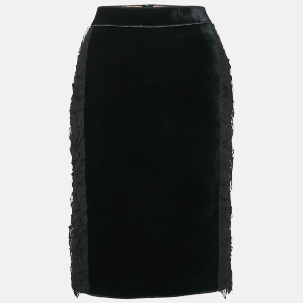 Nº21 Black Silk and Velvet Ruffled Pencil Skirt M