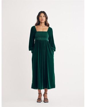 Nobodys Child Velvet Shirred Kylie Midi Dress - Green