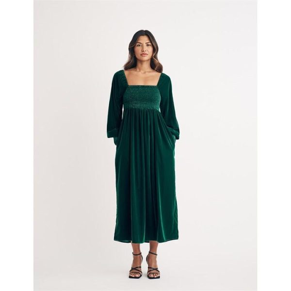Nobodys Child Velvet Shirred Kylie Midi Dress - Green