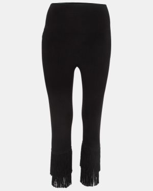 Norma Kamali Black Stretch Knit Fringed Hem Crop Leggings M