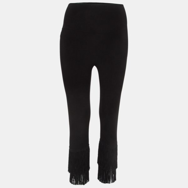 Norma Kamali Black Stretch Knit Fringed Hem Crop Leggings M