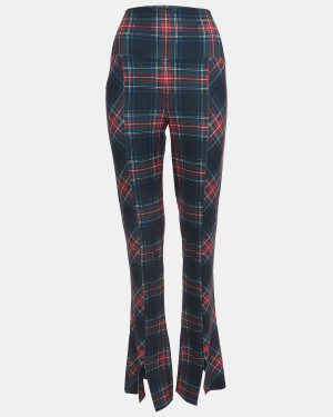 Norma Kamali Dark Green Plaid Print Stretch Knit High Waist Flared Hem Leggings L