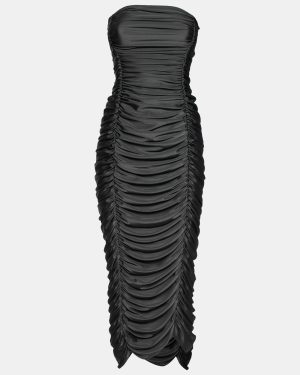 Norma Kamali Grey Stretch Knit Ruched Strapless Midi Dress L
