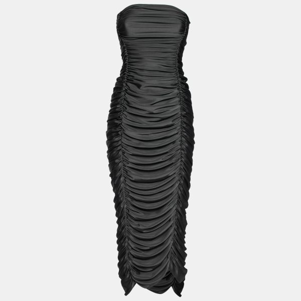 Norma Kamali Grey Stretch Knit Ruched Strapless Midi Dress L